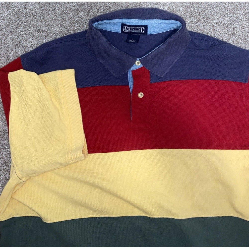 Lands End Mens Polo Shirt Large‎ Rainbow Pride Striped Multicolor Preppy Work